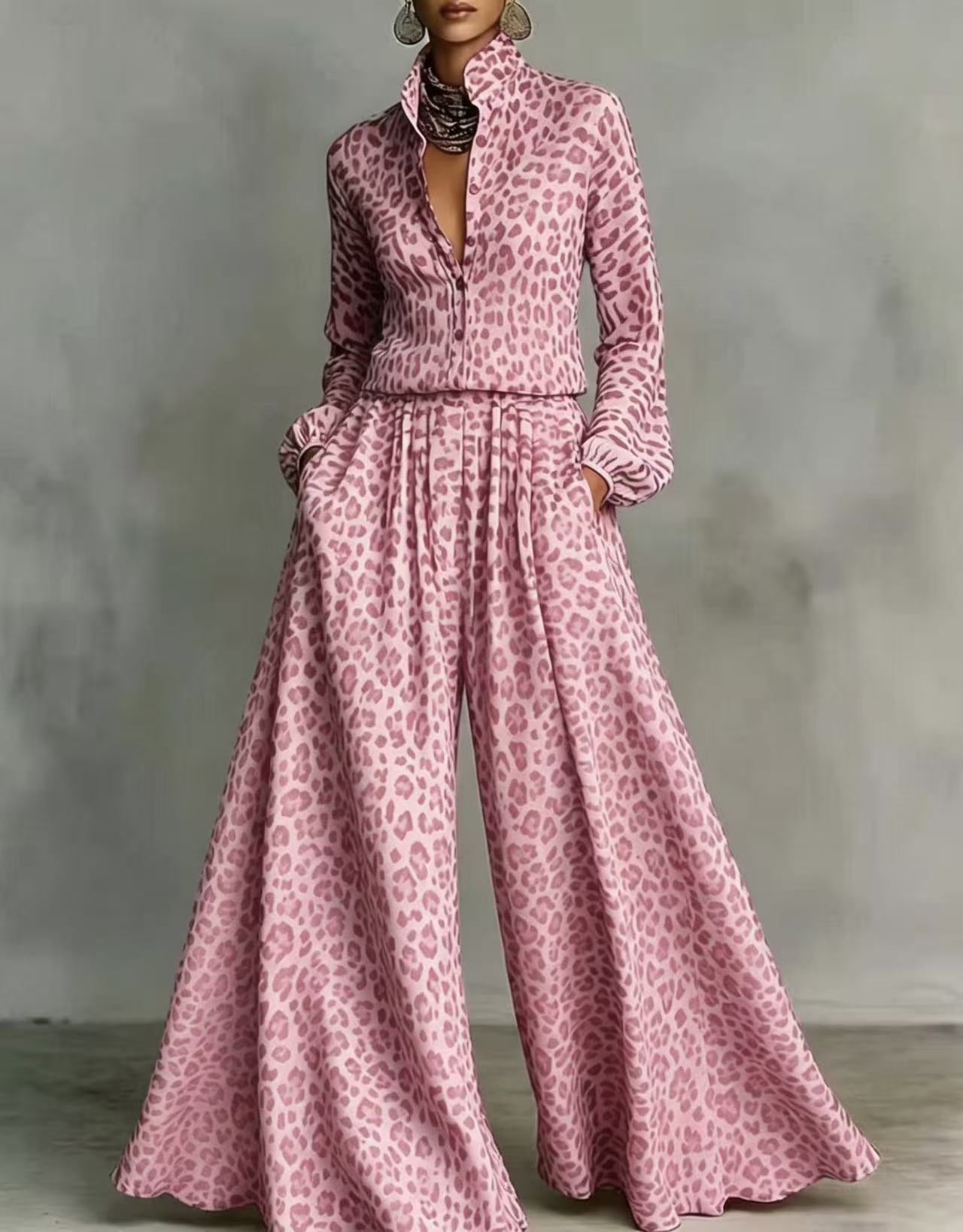 Leopardenmuster Hose mit weitem Bein Set – Freizeit-Zweiteiler für Damen