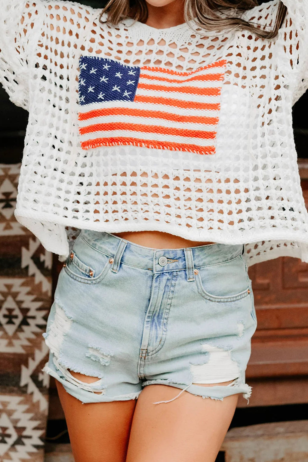 Beau Blue Hollow Out Crochet Knit American Flag Patched Sweater Hoodie