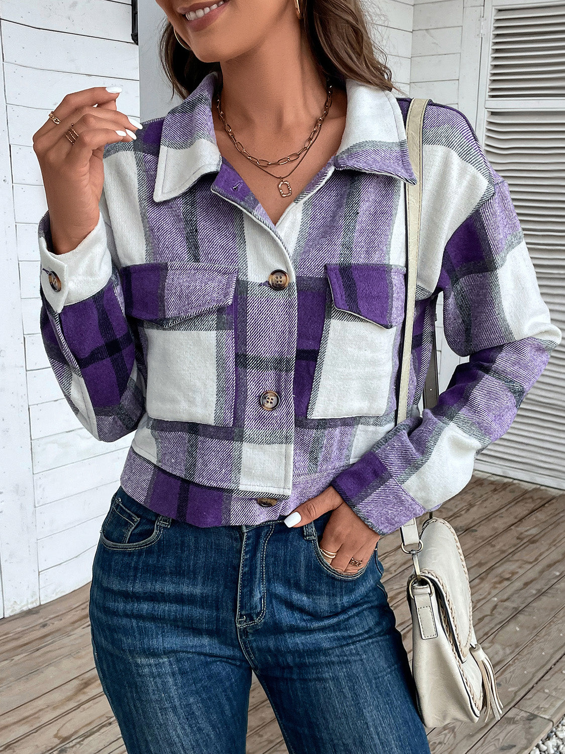 Women Perfee Plaid Button Up Drop Shoulder Cropped Jacket