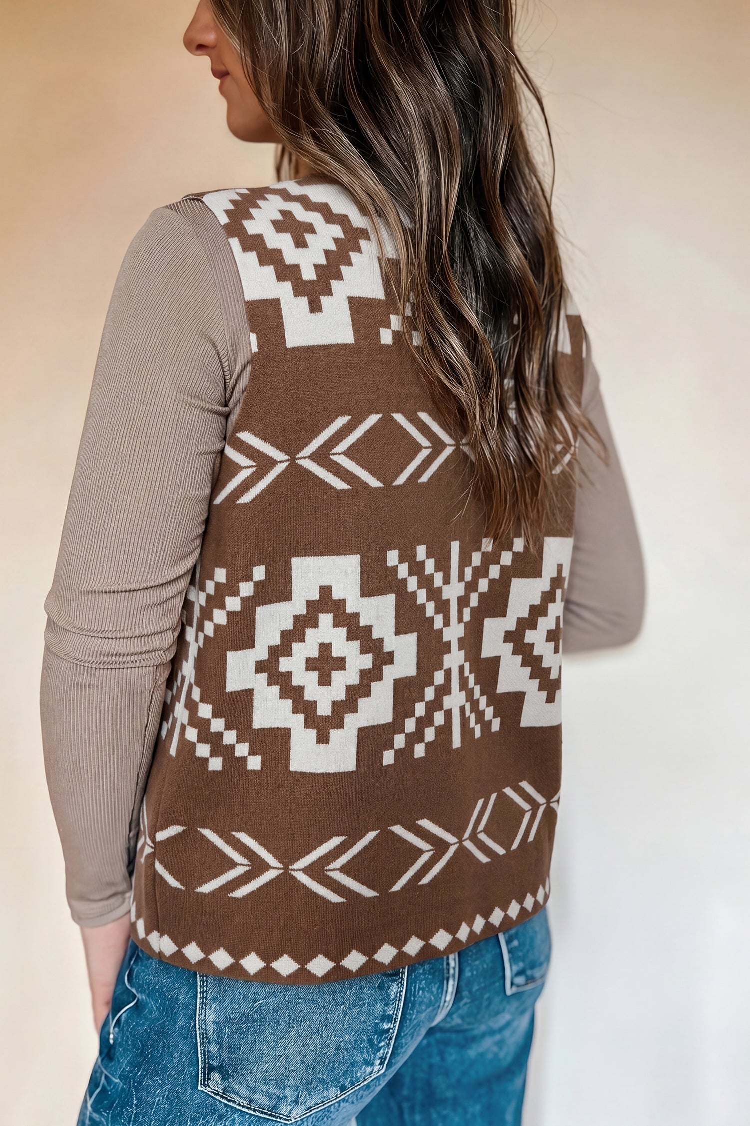 Brown Southwestern Aztec Button Square Neck Sweater Vest