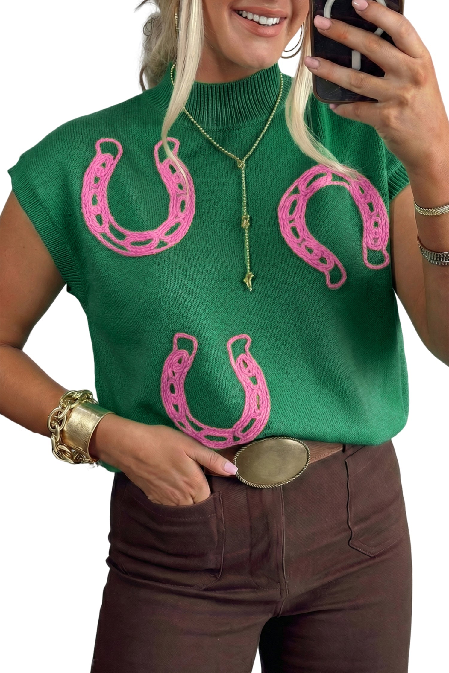 Bright Green Corded Horseshoes Ribbed Trim Mock Neck Short Sleeve Sweater