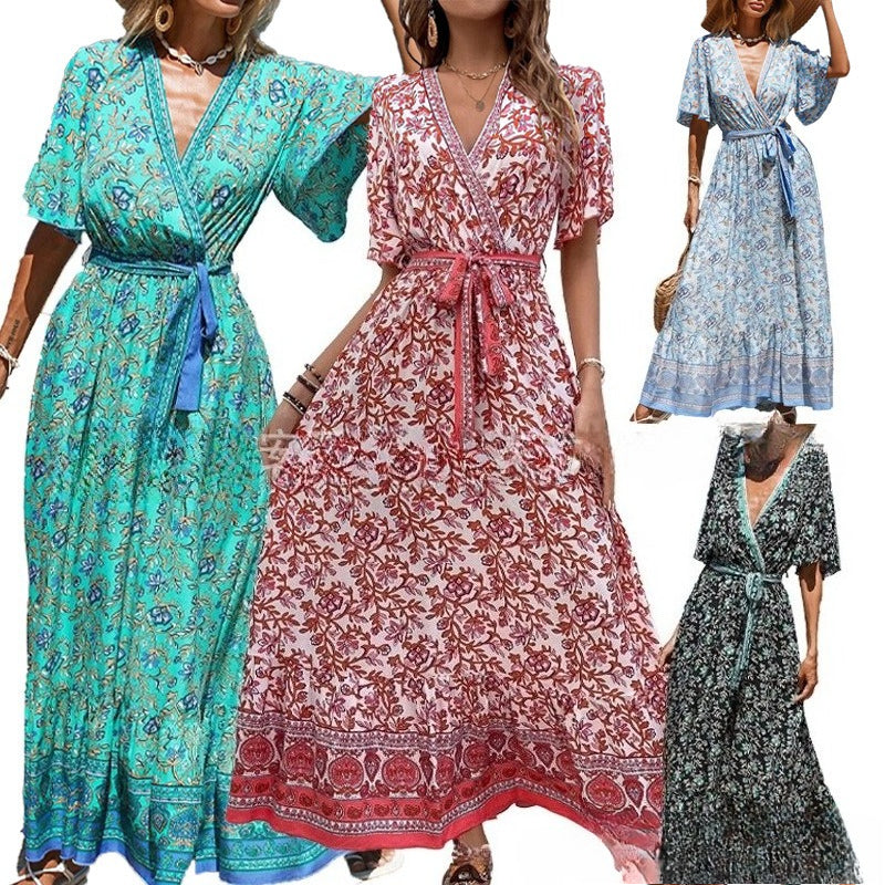 Women's V-Neck Tie-Waist Printed Bohemian Dress Short Sleeve Floral Maxi Dress Summer