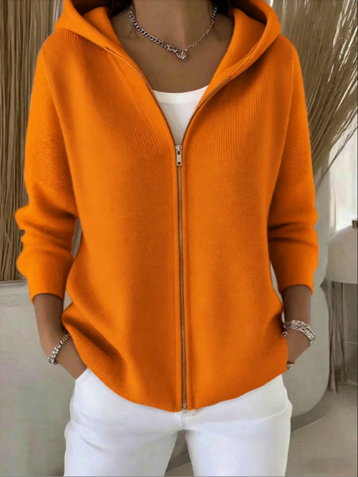 Zip-Up Knitted Hooded Cardigan Coat – Women’s Sweater in bright orange