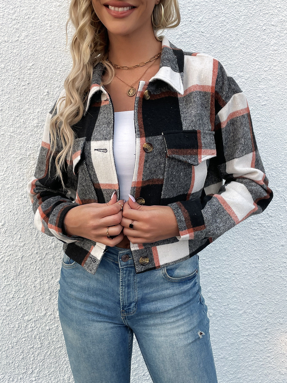 Women Perfee Plaid Button Up Drop Shoulder Cropped Jacket