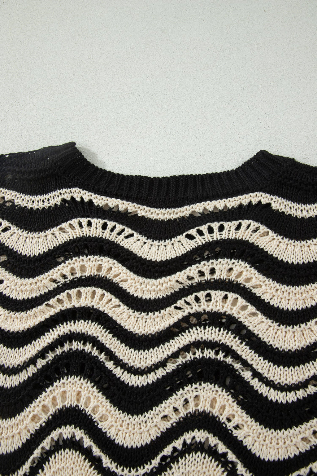 Black Stripe Wavy Crochet Eyelet Detail Ruffle Half Sleeve Sweater
