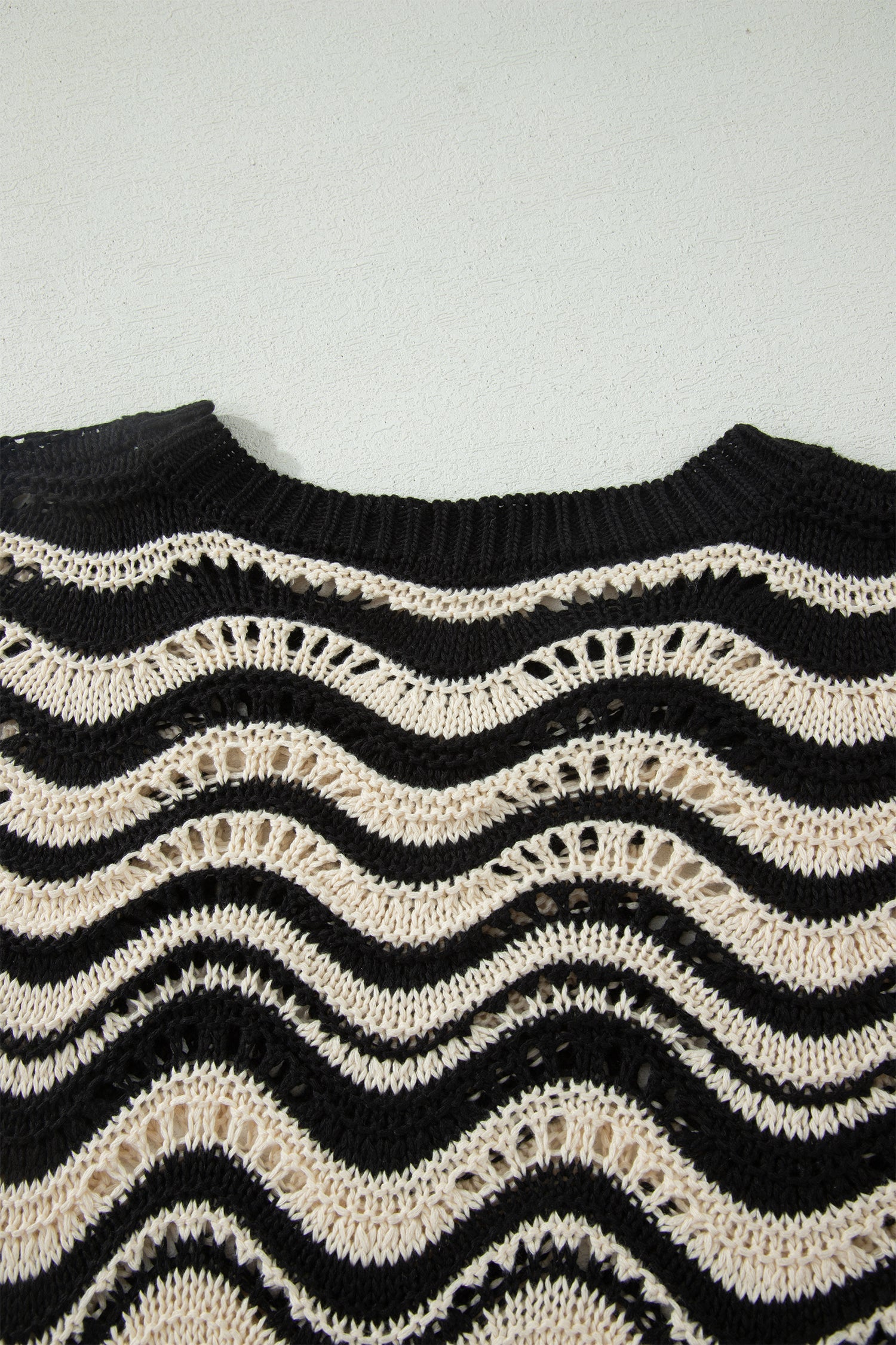 Black Stripe Wavy Crochet Eyelet Detail Ruffle Half Sleeve Sweater