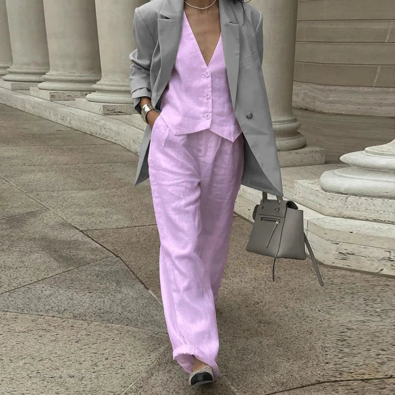 Damen-V-Ausschnitt-Weste mit Knopfleiste & Hose mit hoher Taille Set