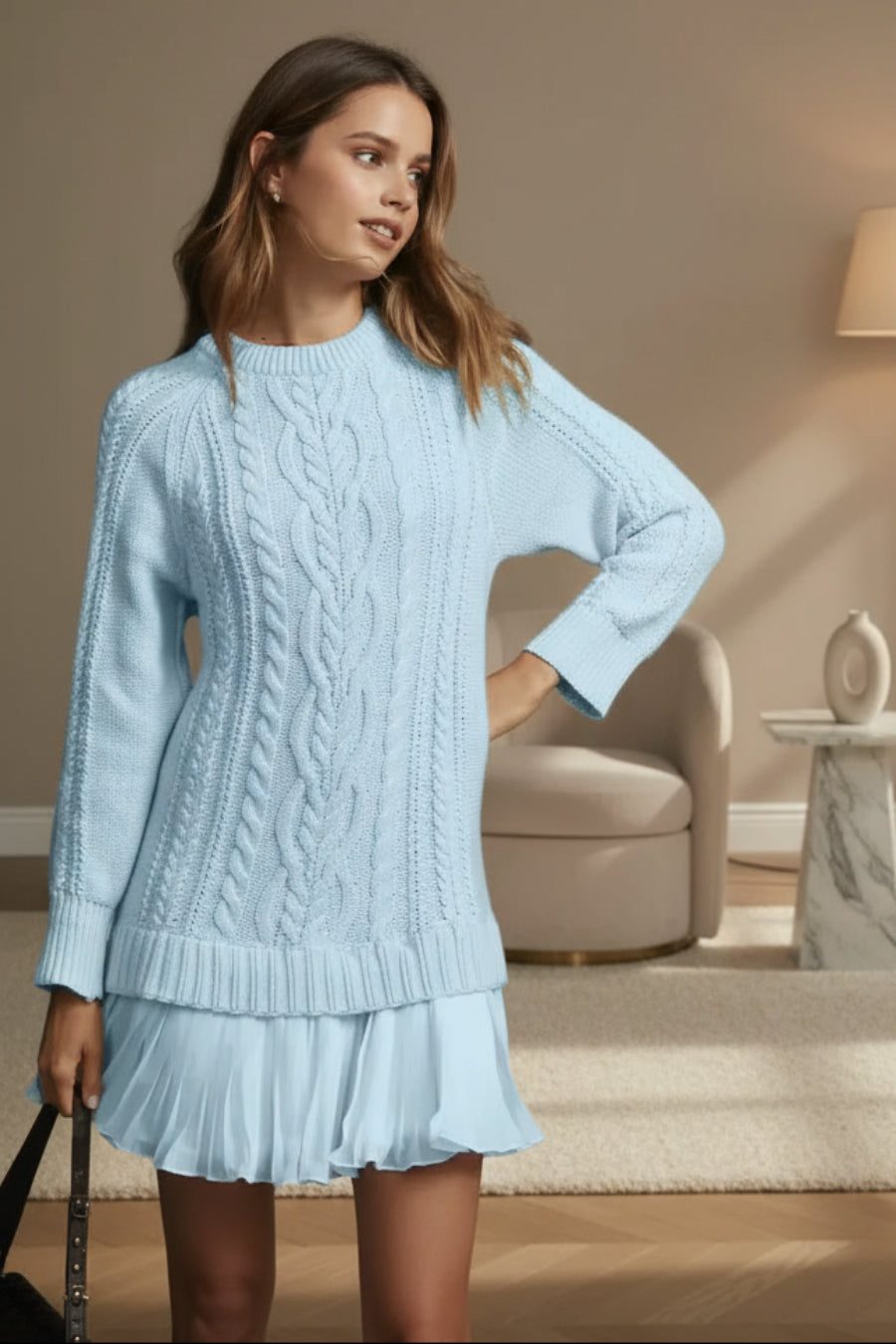 Cable Knit Sweater | Oversized Round Neck Pullover in sky blue