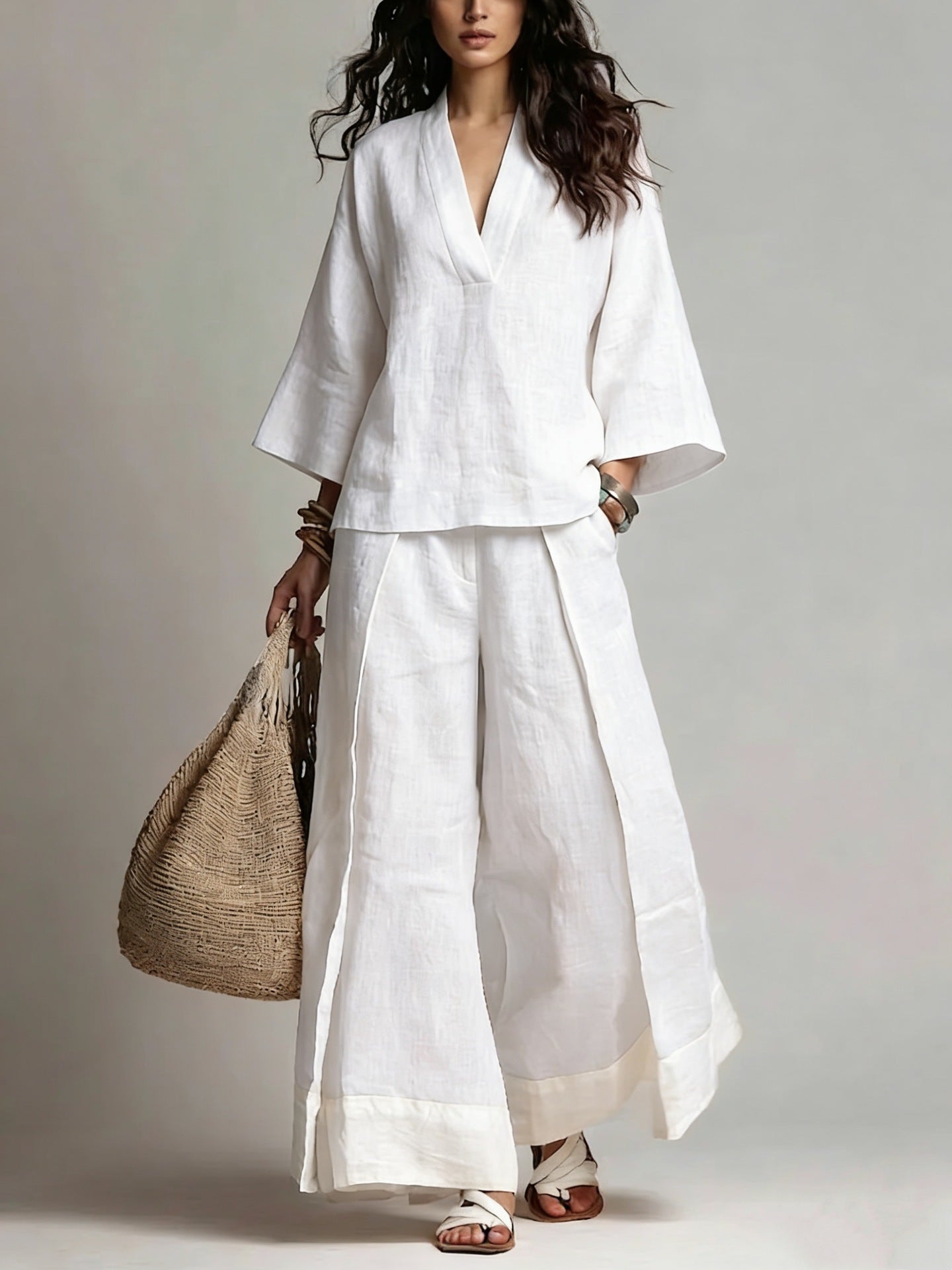 Damen-Set aus Baumwoll-Leinen-Shirt mit V-Ausschnitt und 3/4-Ärmeln und Hose mit weitem Bein