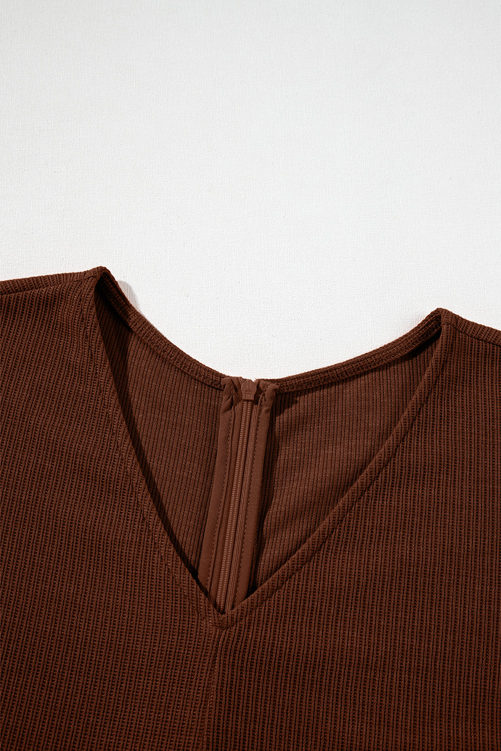 Solid Textured Knit V-Neck Zip Up Romper
