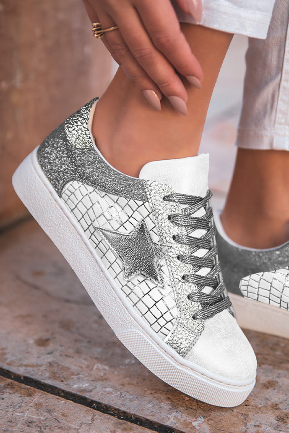 Gold Glitter Star Patchwork PU Leather Lace-up Sneakers
