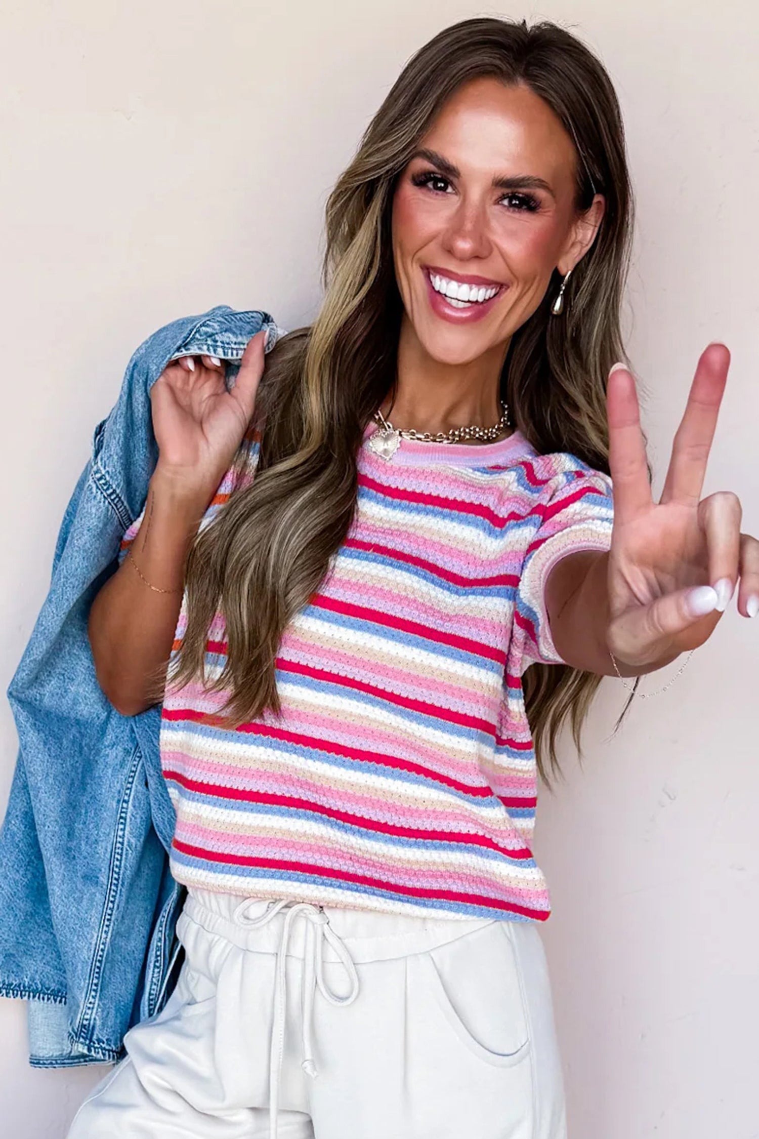 Multicolour Textured Stripes Knit Short Sleeve Sweater