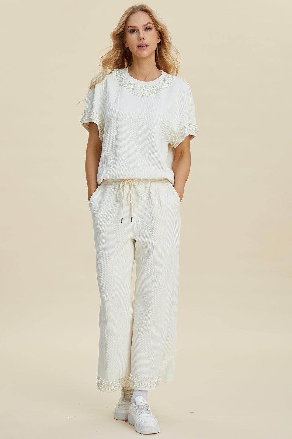 Double Take Full Size Pearl Detail Round Neck Top Pants Set
