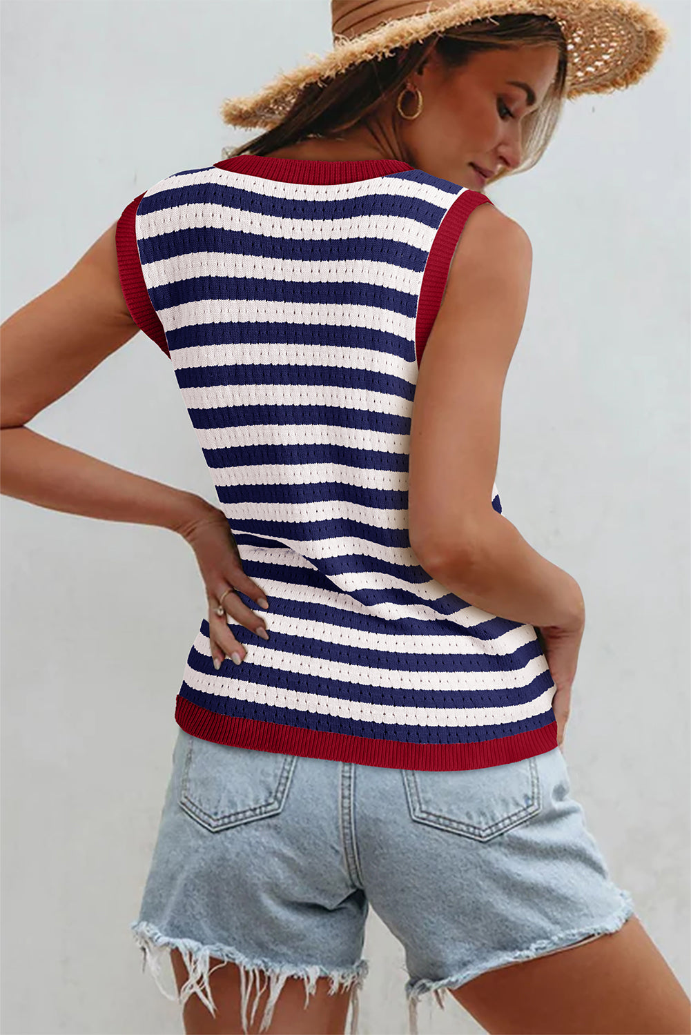 Navy Stripe Pointelle Knit Contrast Trim Sleeveless Sweater Top