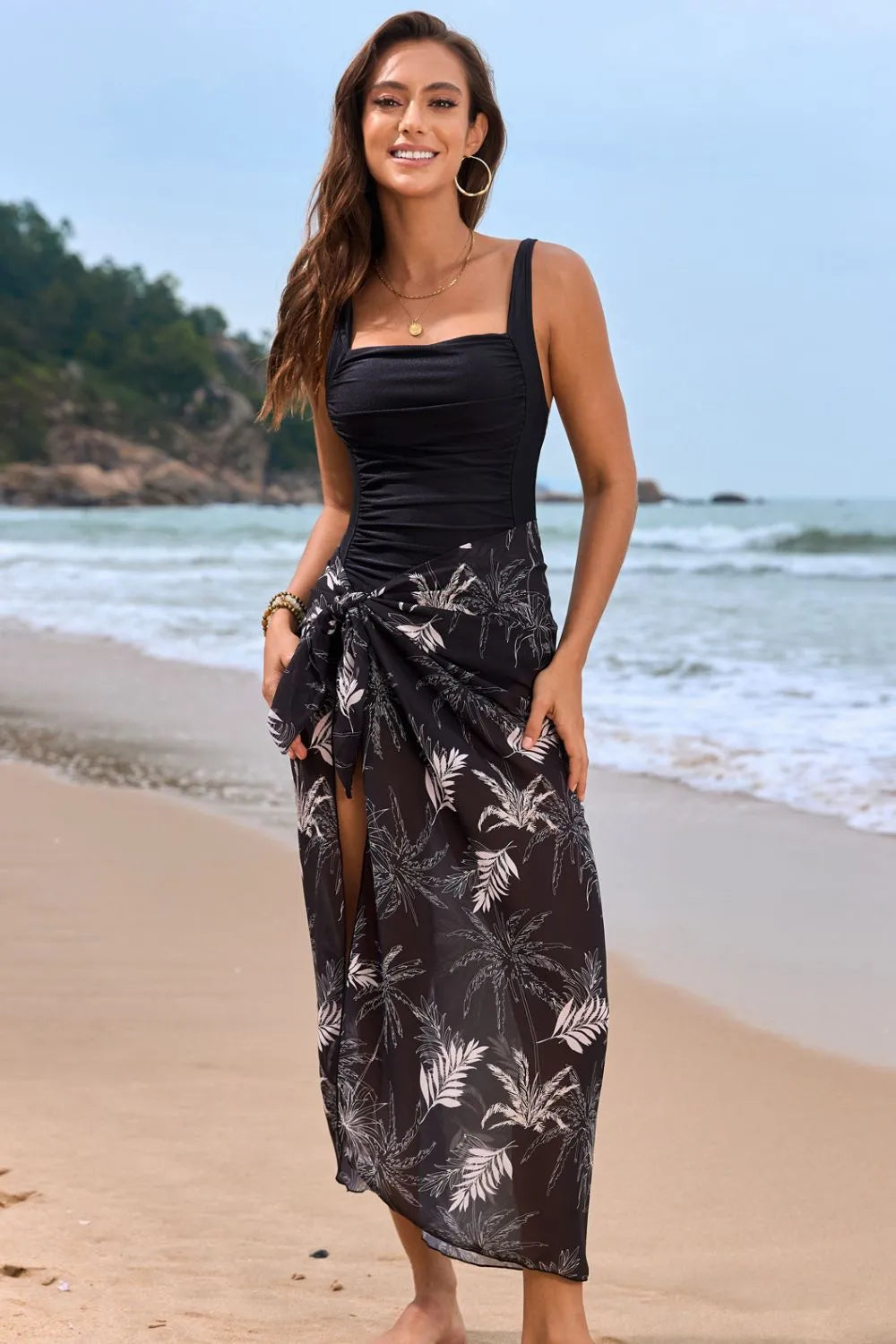 🌺 Quadratischer Ausschnitt Bedruckter Einteiliger Badeanzug & Strandkleid-Set