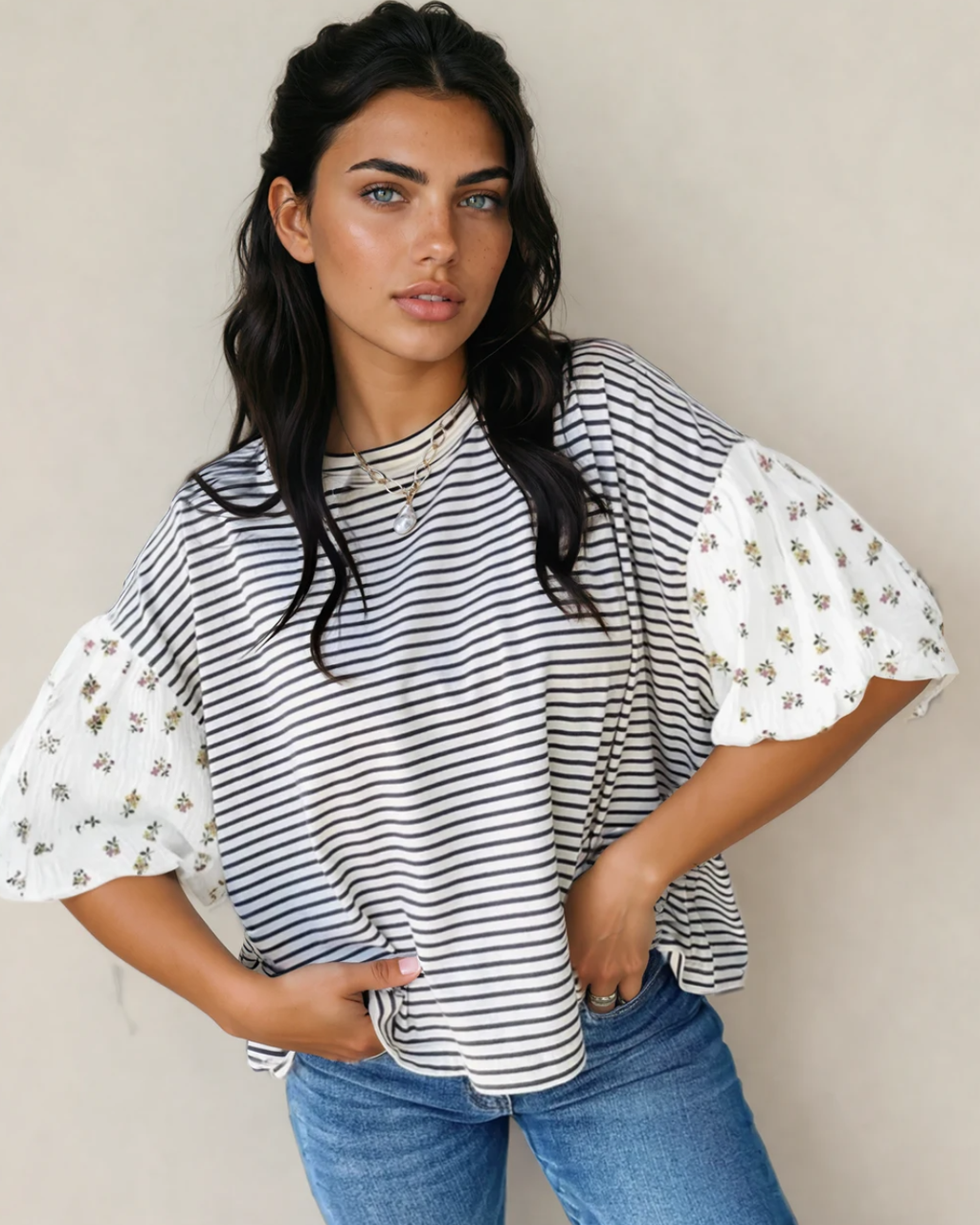 Aviva Puff Sleeve Patchwork Round Neck Loose Top - Black