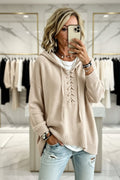 Lace-Up V-Neck Hooded Knit Sweater | Drop Shoulder Oversized Pullover in beige 