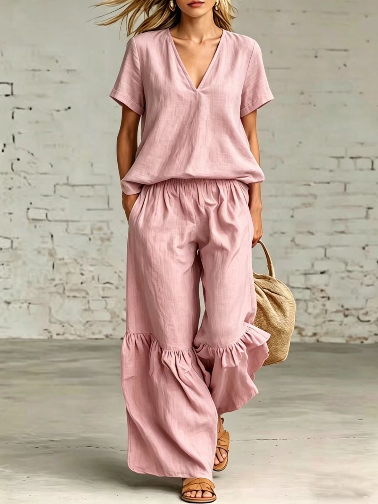 V-Ausschnitt Lose Kurzarm-Oberteil & Hosen-Set – 7 Farben, S–5XL