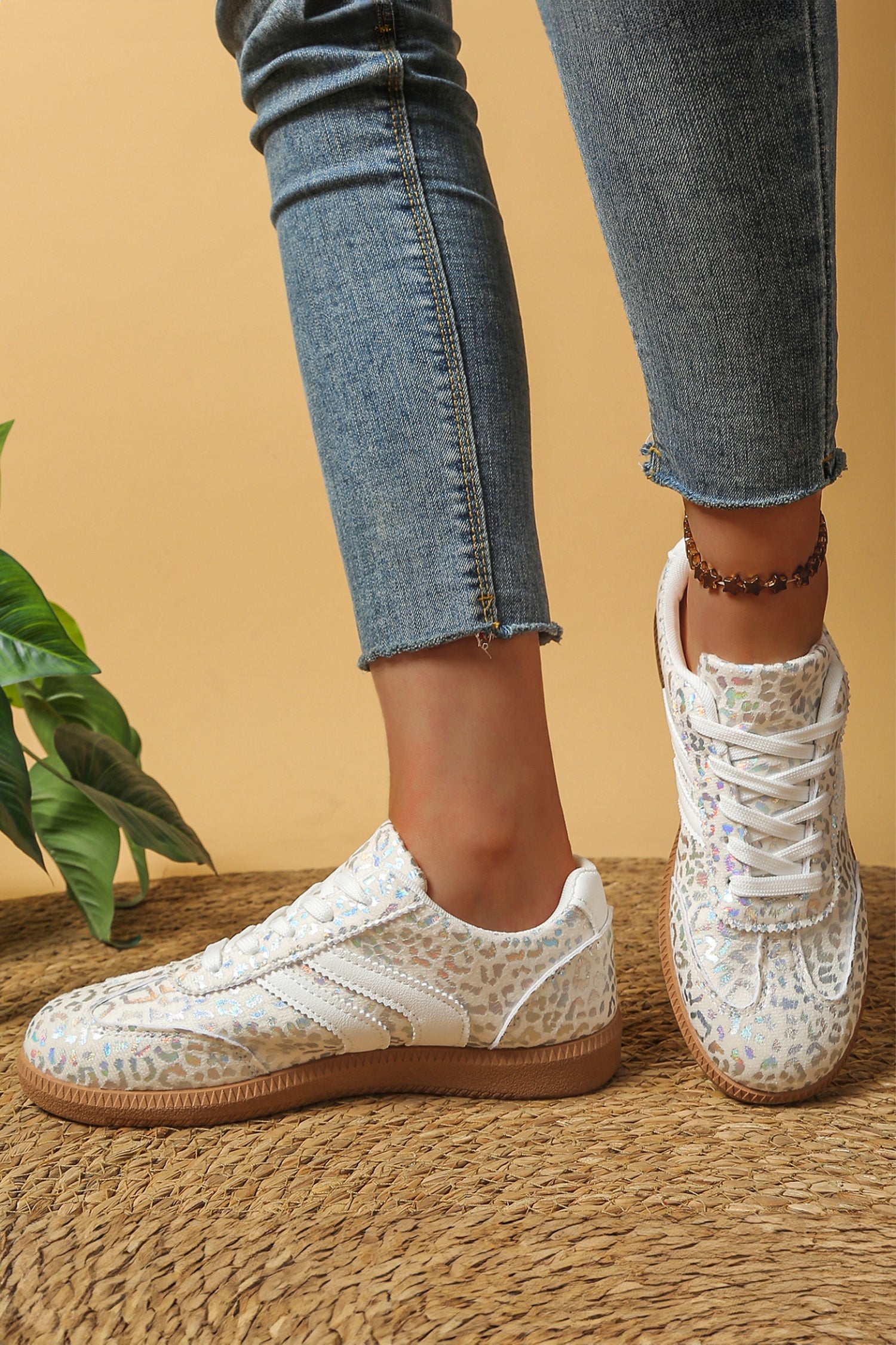 Coffee PU Leather Detail Shimmer Leopard Printed Lace-up Sneakers