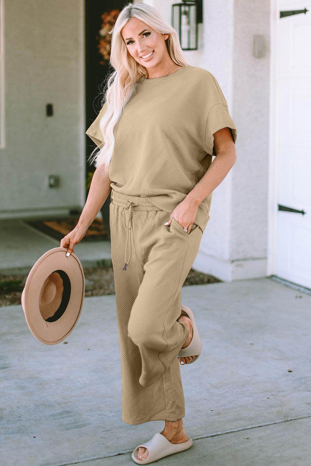 Double Take Full Size Texture Top and Pants Set for Women