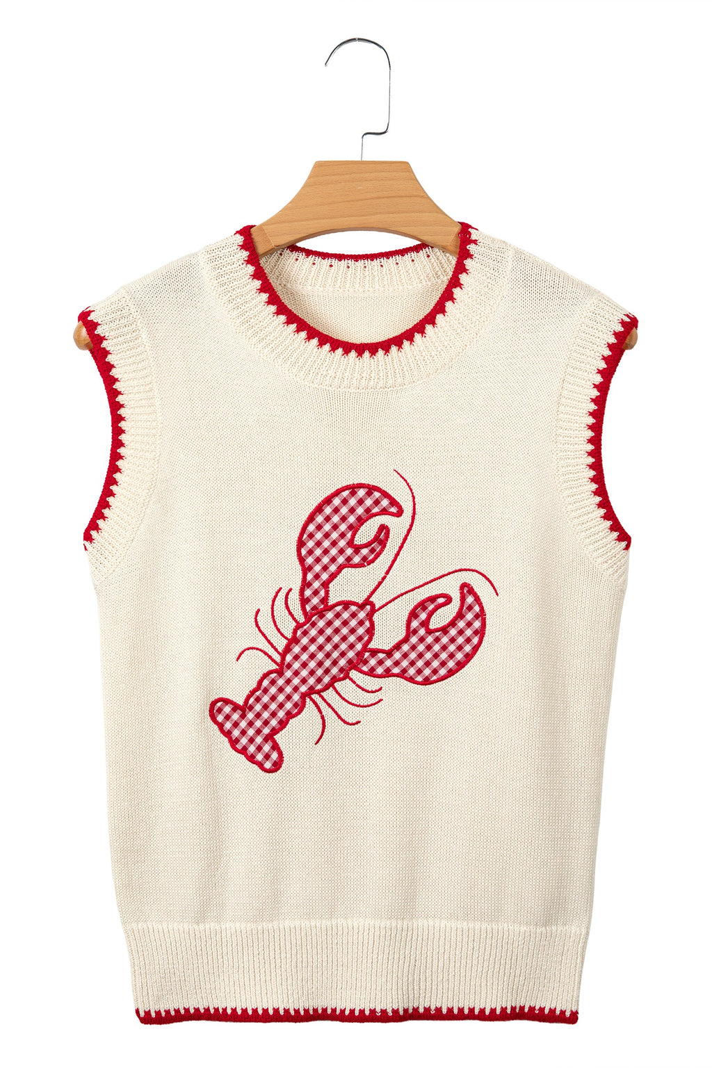 Beige Plaid Crawfish Crew Neck Knit Sweater Vest
