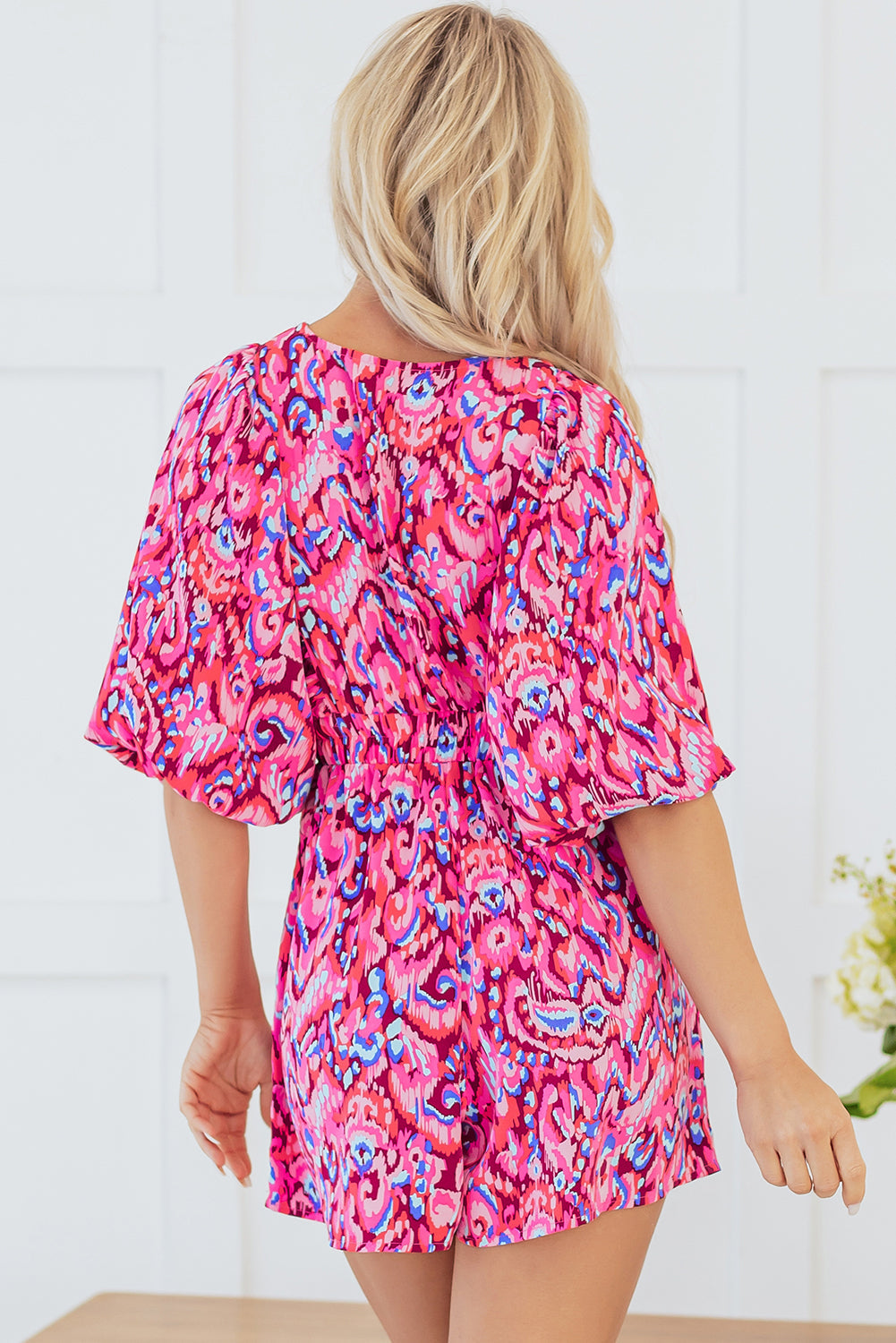Abstract Puff Sleeve V-Neck High Waist Romper