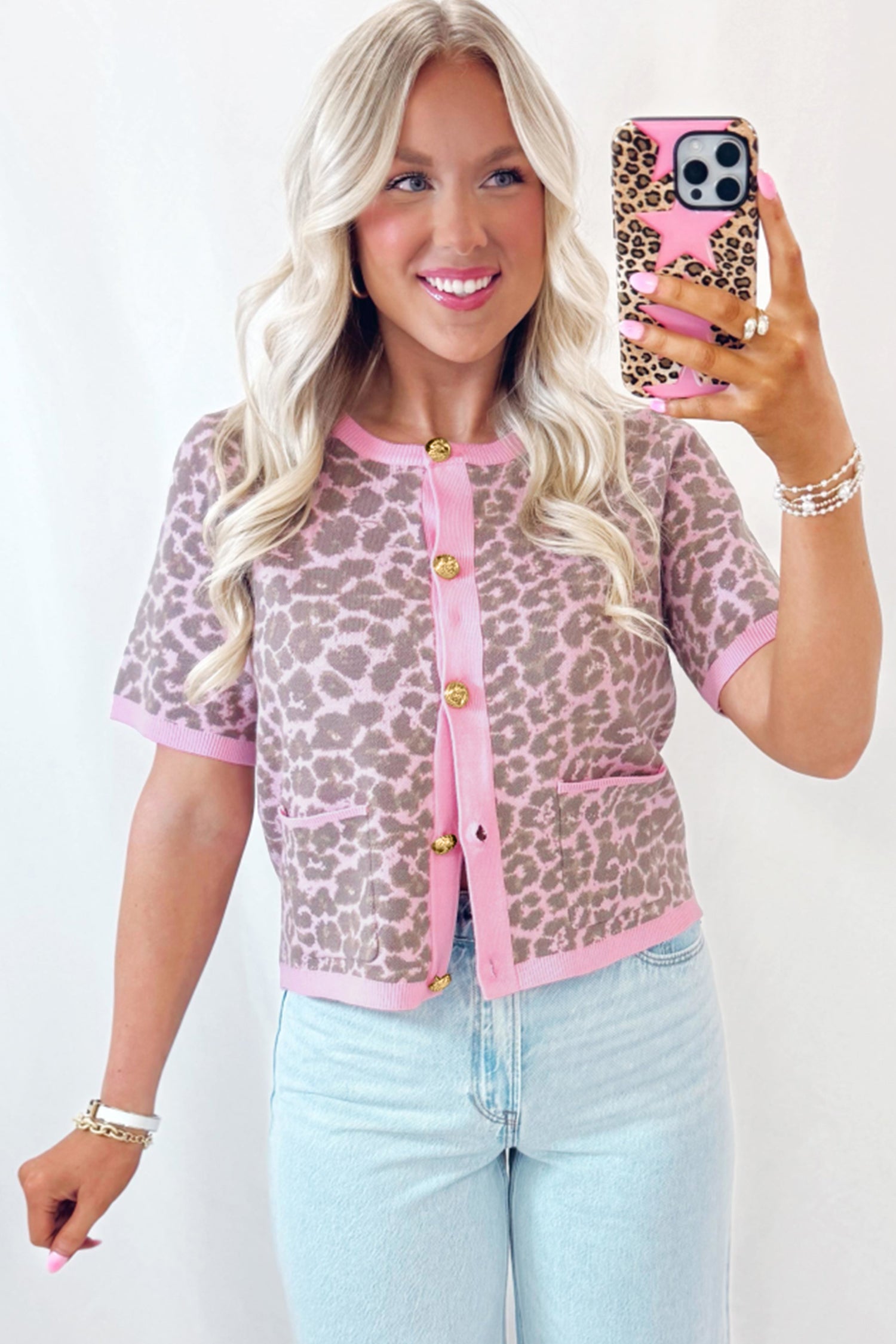 Pink Leopard Button Down Short Sleeve Sweater Cardigan