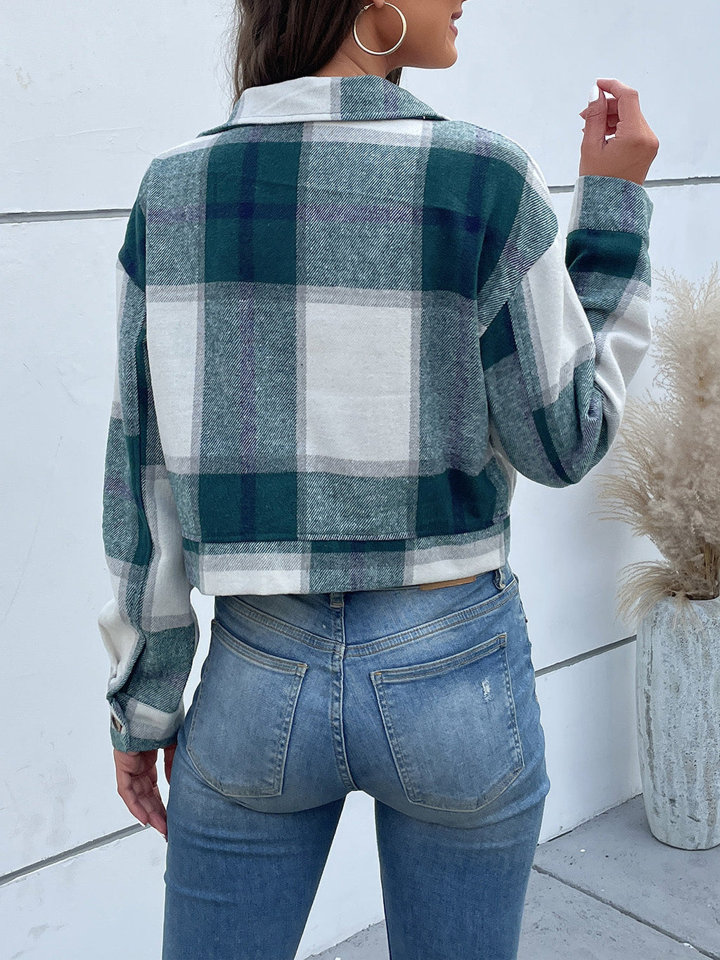Women Perfee Plaid Button Up Drop Shoulder Cropped Jacket