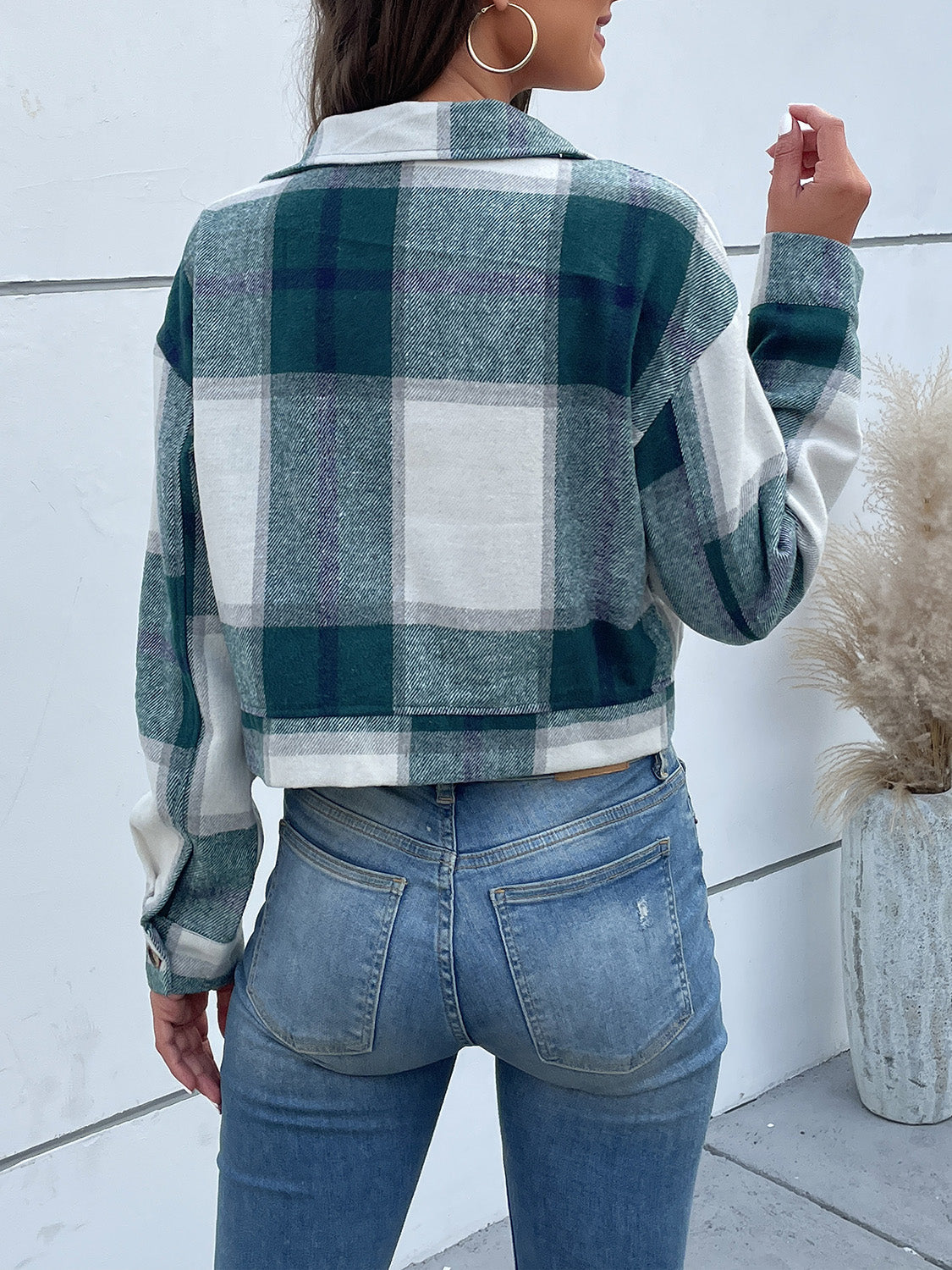 Women Perfee Plaid Button Up Drop Shoulder Cropped Jacket