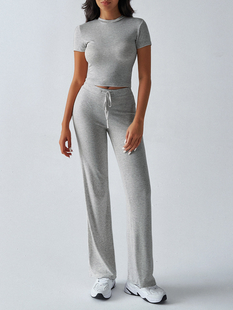Rundhals-Kurzarm-Oberteil & Lange Hose Set – Unifarben, 10 Farben