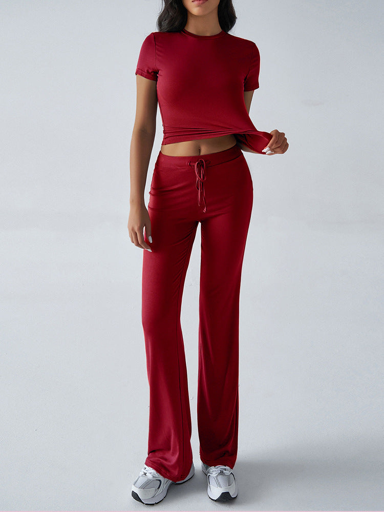 Rundhals-Kurzarm-Oberteil & Lange Hose Set – Unifarben, 10 Farben