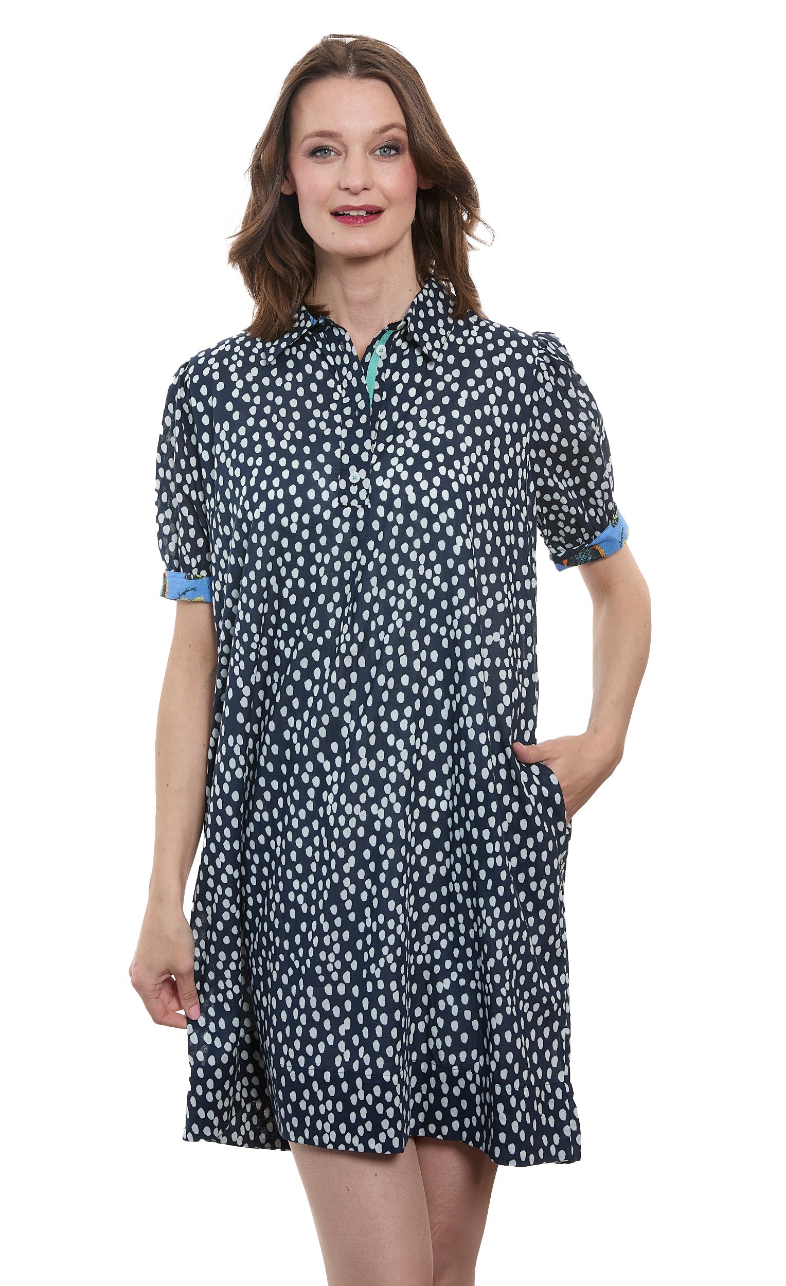 Left Bank Puff Sleeve Dress Navy White Polka Dots