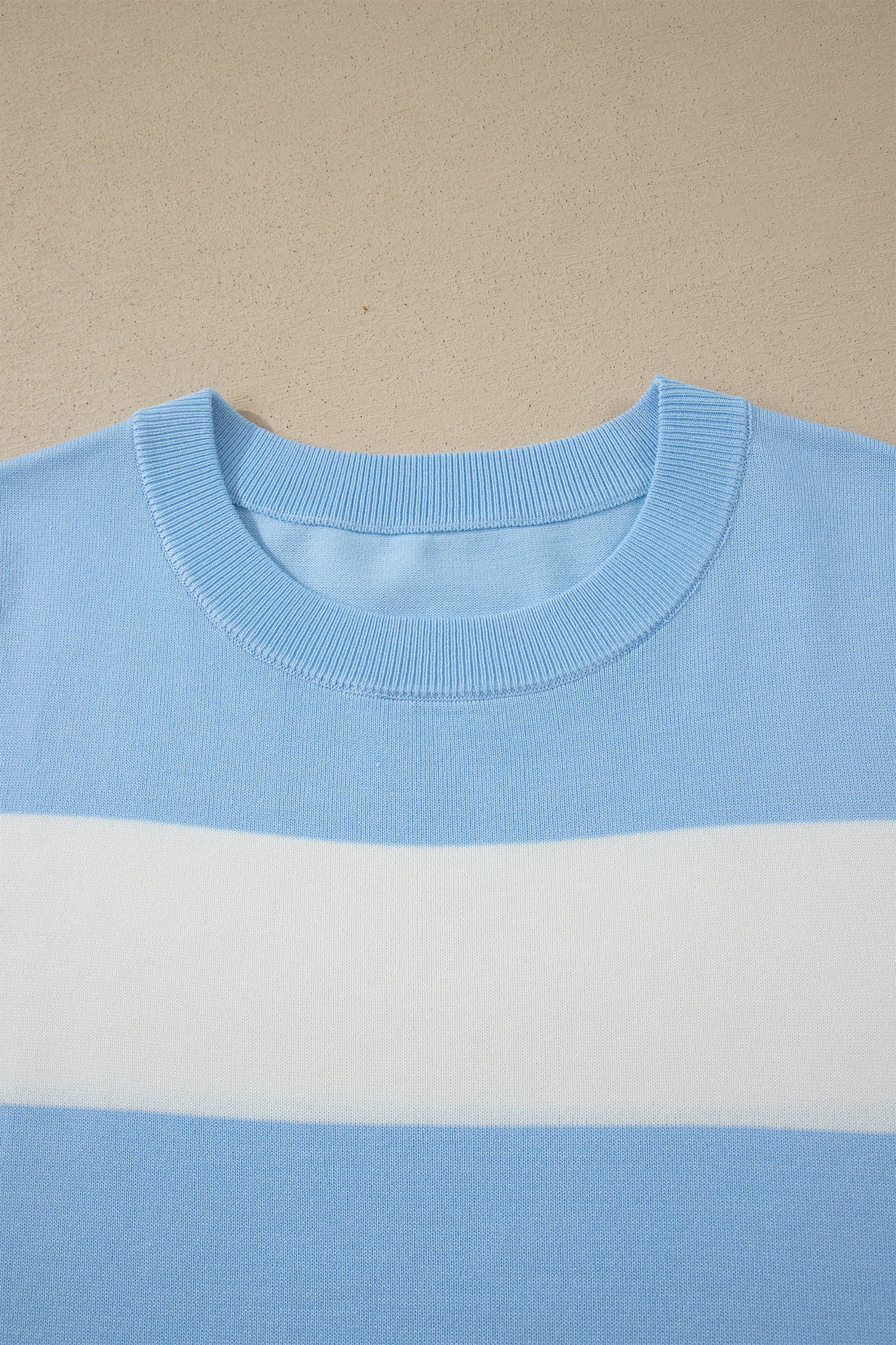 Sky Blue Stripe Colorblock Plus Size Short Sleeve Sweater