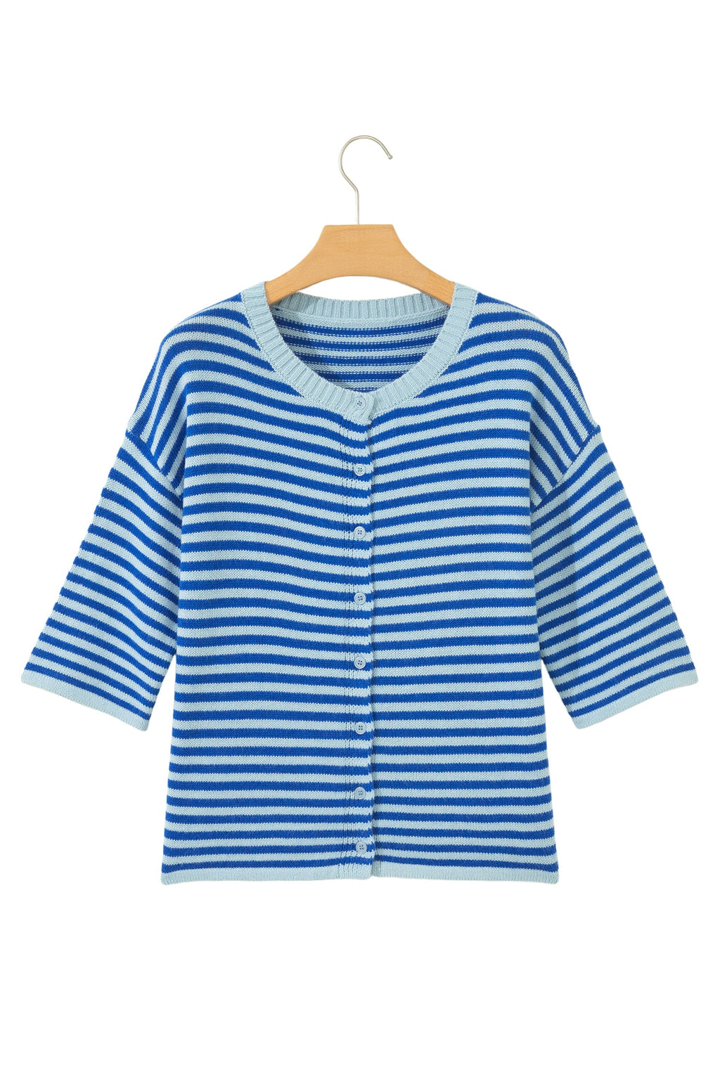 Blue Stripe Loose Half Sleeve Knit Button Down Sweater Cardigan