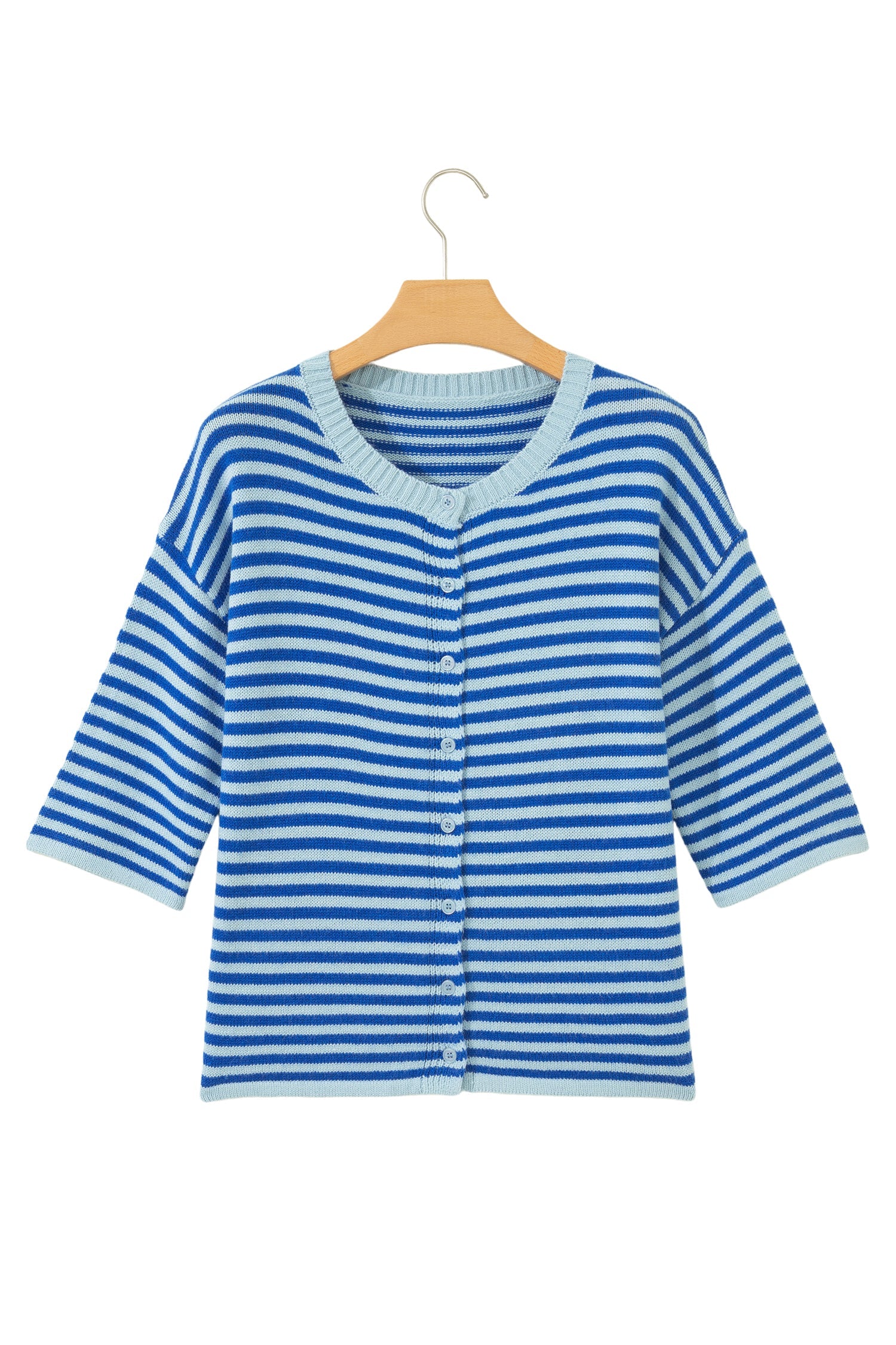 Blue Stripe Loose Half Sleeve Knit Button Down Sweater Cardigan