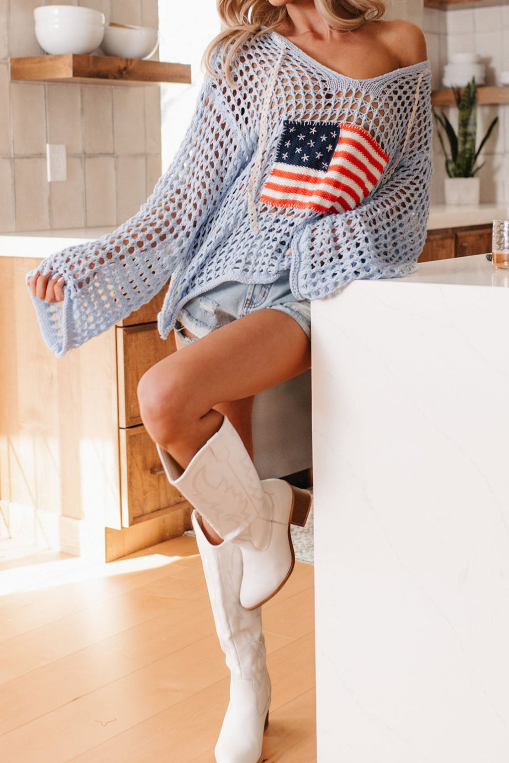 Beau Blue Hollow Out Crochet Knit American Flag Patched Sweater Hoodie