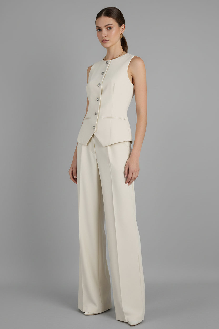 Elegantes ärmelloses Damen-Westen- & weites Hosen-Set – Büro-Zweiteiler