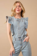 Ruffle Bell Bottom Denim Jumpsuit