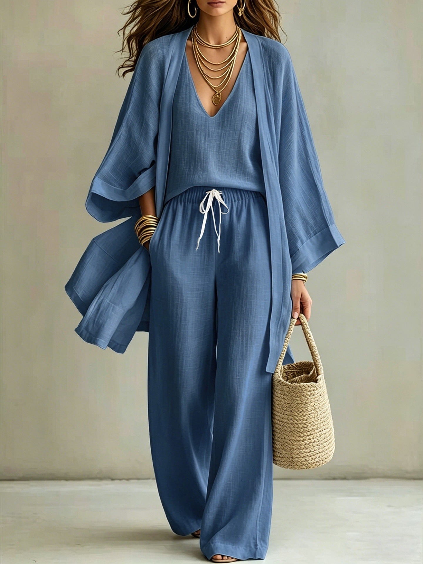 Damen 3-teiliges Set: Cardigan, ärmellose Weste & weite Hose