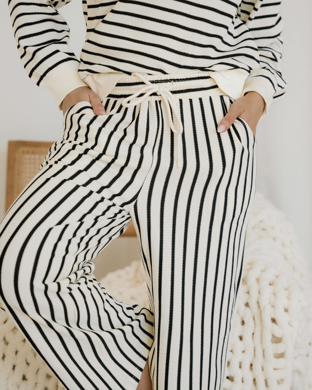 Talia Stripe Ruffle Trim Drop Shoulder Top Drawstring Loose Pant Set