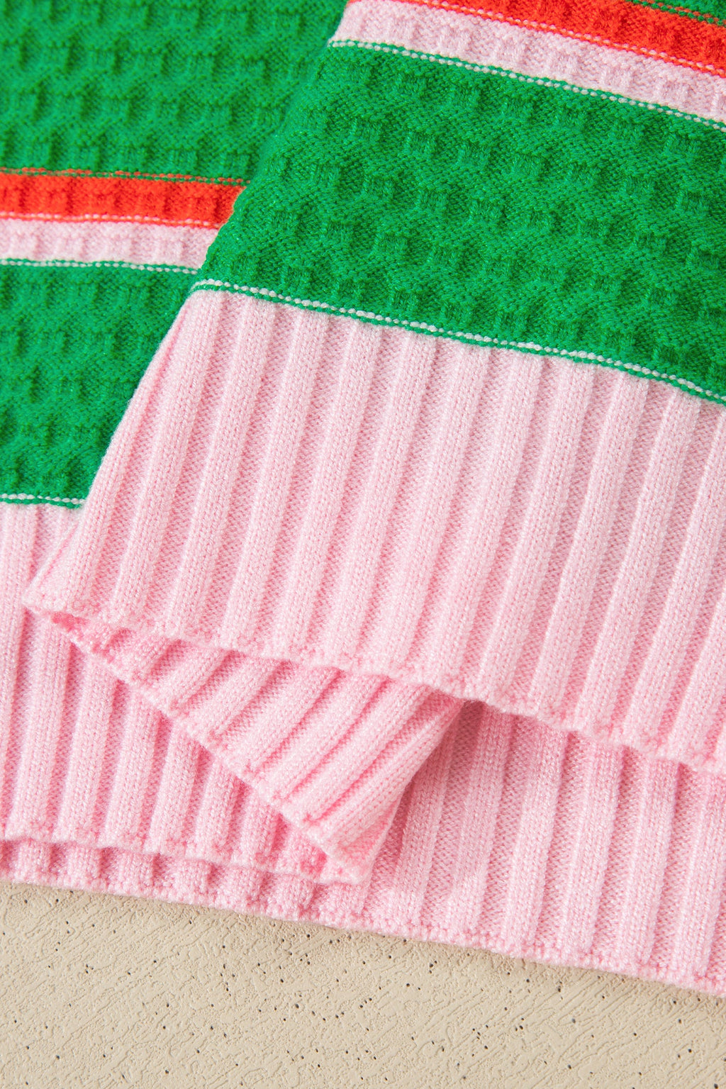 Green Stripe Colorblock Trim Half Sleeve Sweater Top