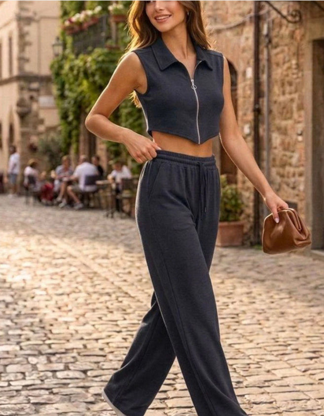 Damen-Set aus ärmelloser Weste und weit geschnittener Hose