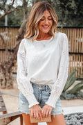 White Eyelet Embroidered Smocked Cuff Sheer Blouse