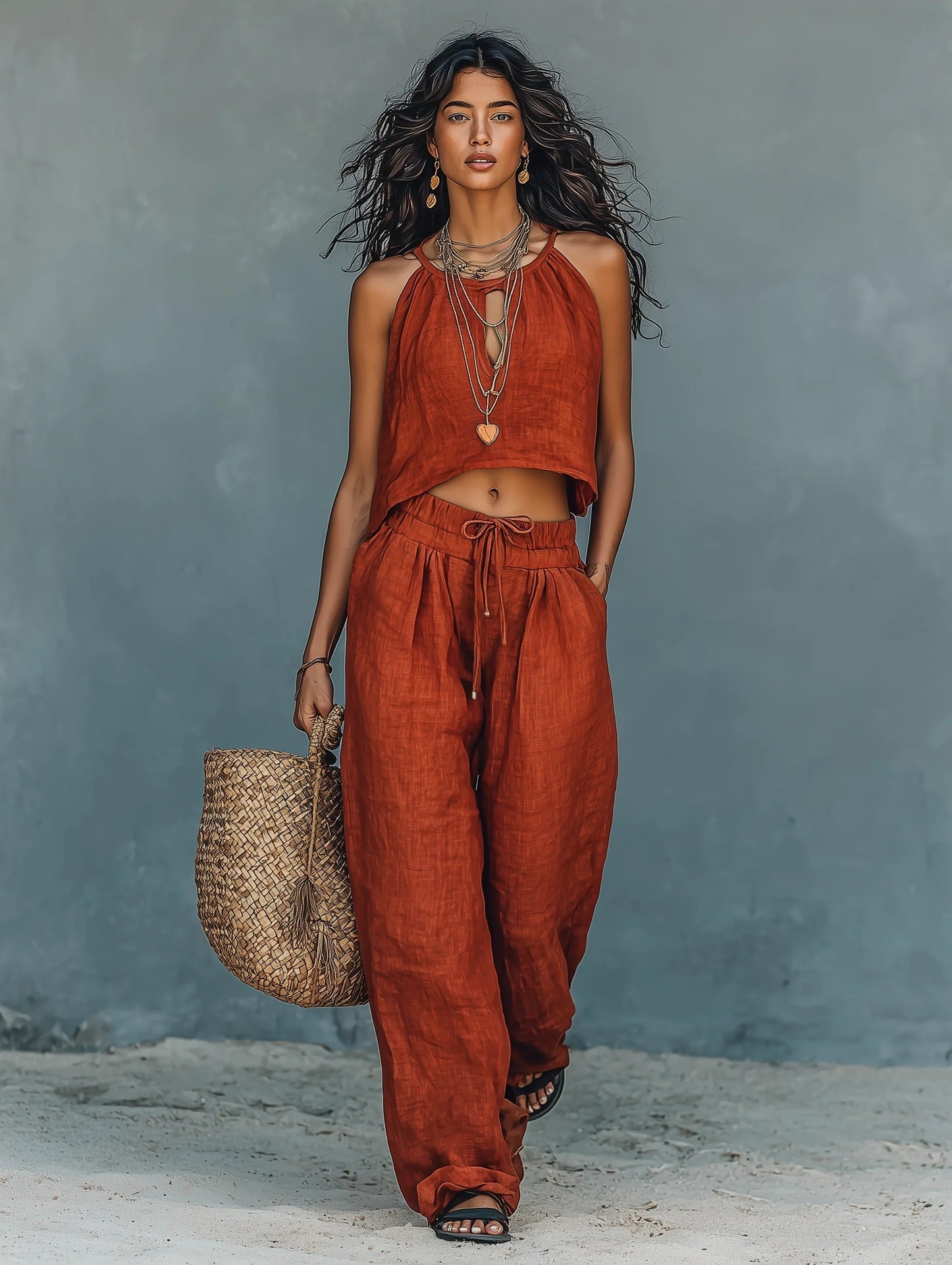 Ärmelloses Tanktop & weite Hose für Damen – zweiteiliges Sommer-Set aus Leinenmischung