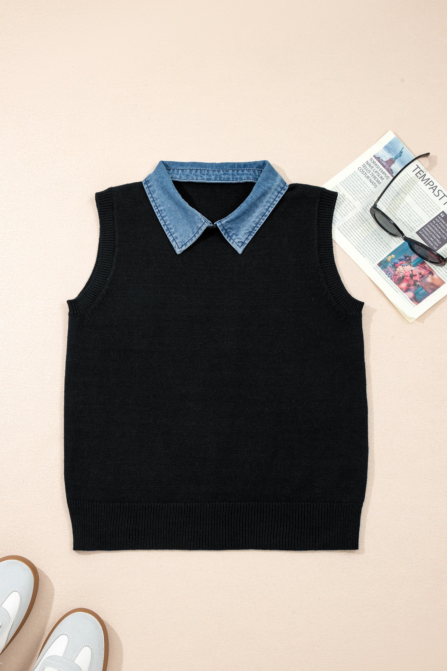Black Solid Color Knit Contrast Denim Patchwork Collar Sweater Vest