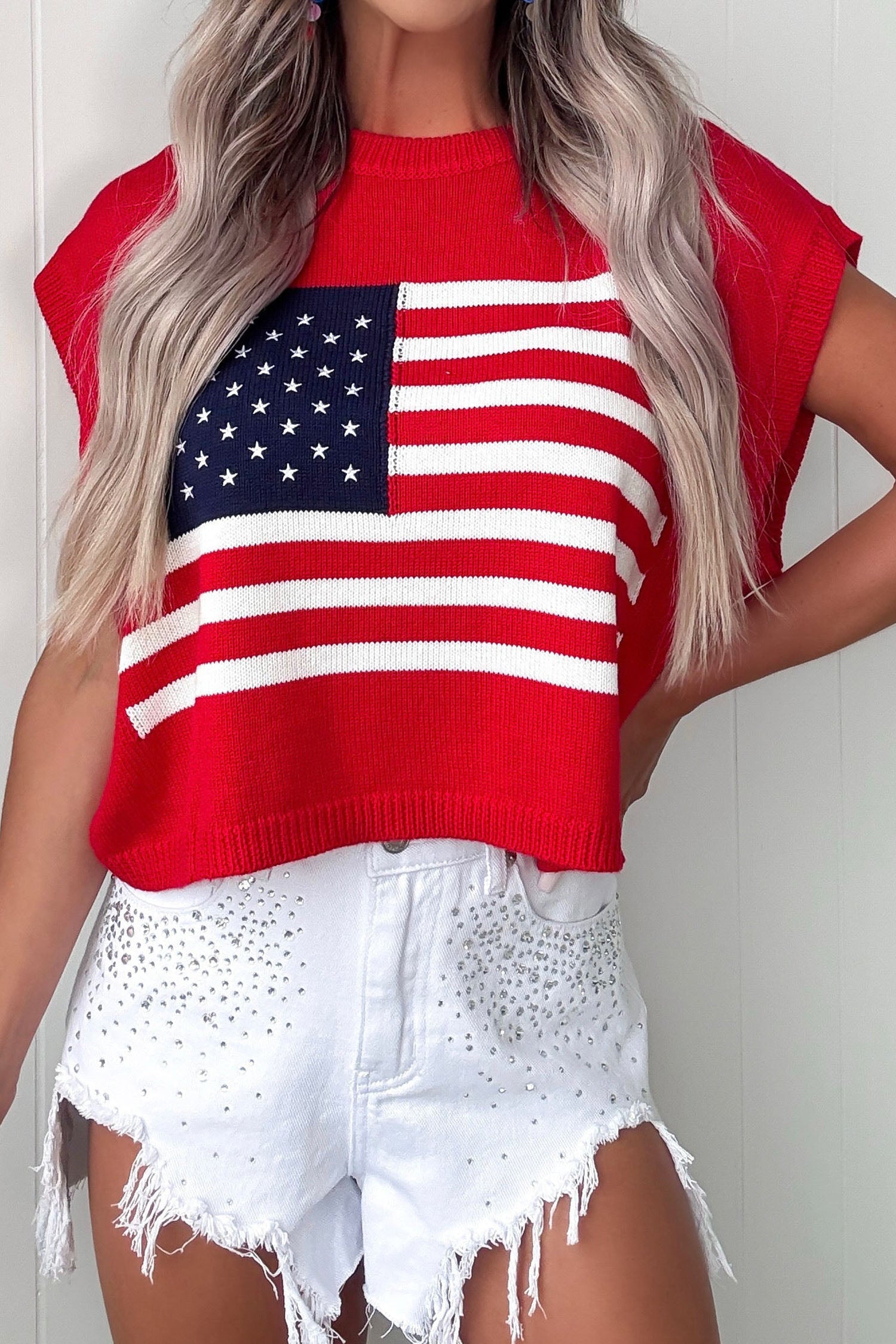 Fiery Red Stars and Stripes Dolman Short Sleeve Sweater