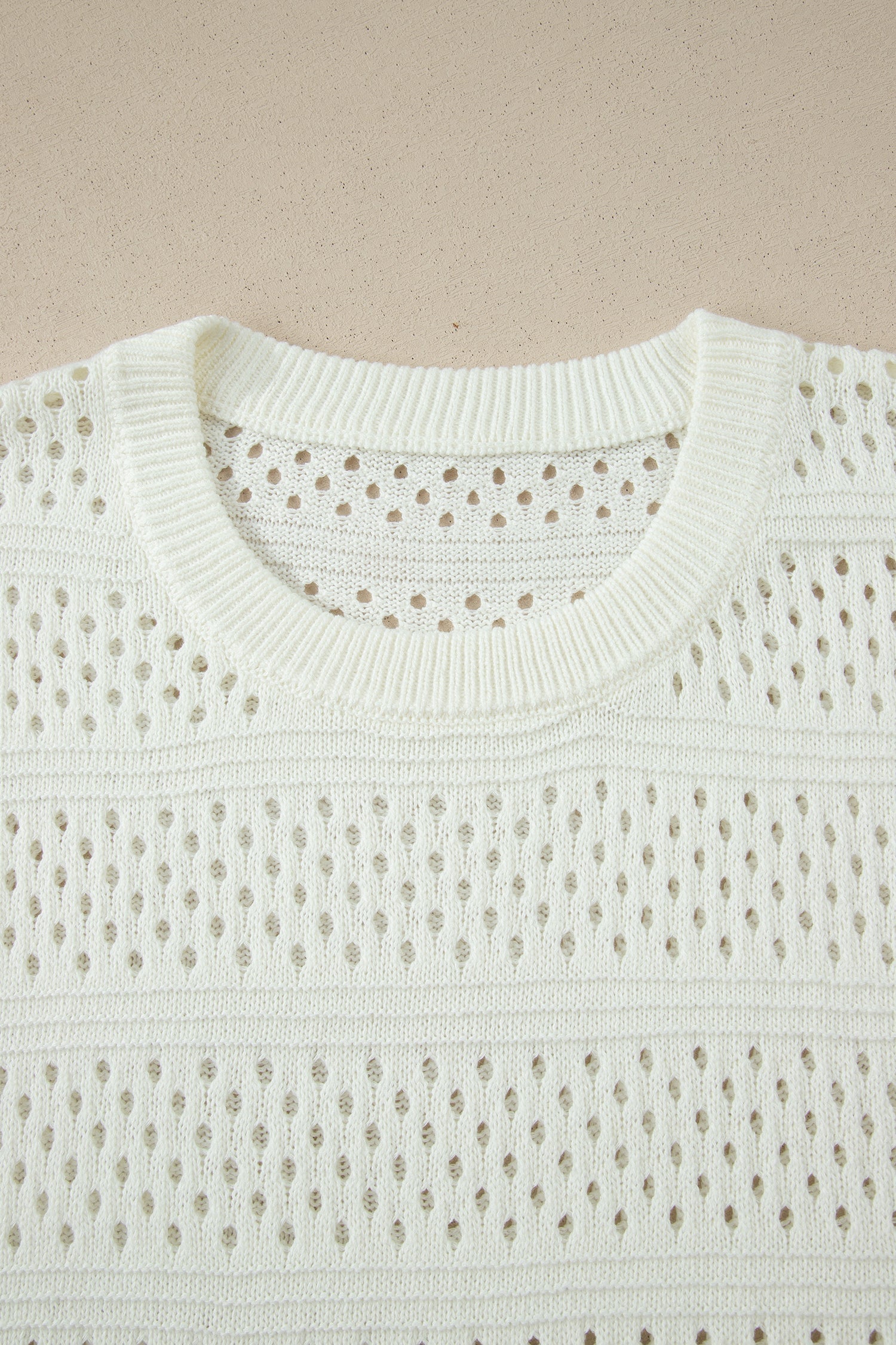 White Plus Size Eyelet Hollow Out Knit Ribbed Trim Short Sleeve Dolman Sweater