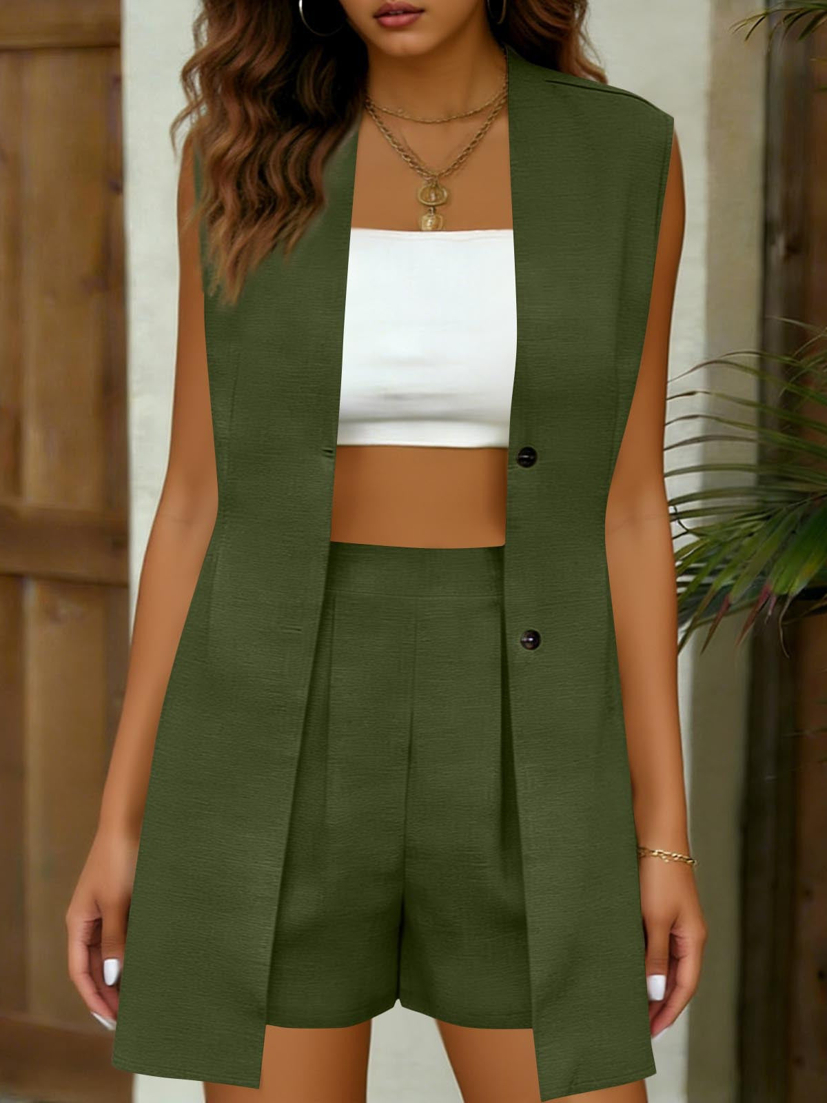 Damen V-Ausschnitt Ärmellose Weste Jacke & Shorts Set – Eleganter Pendler-Stil