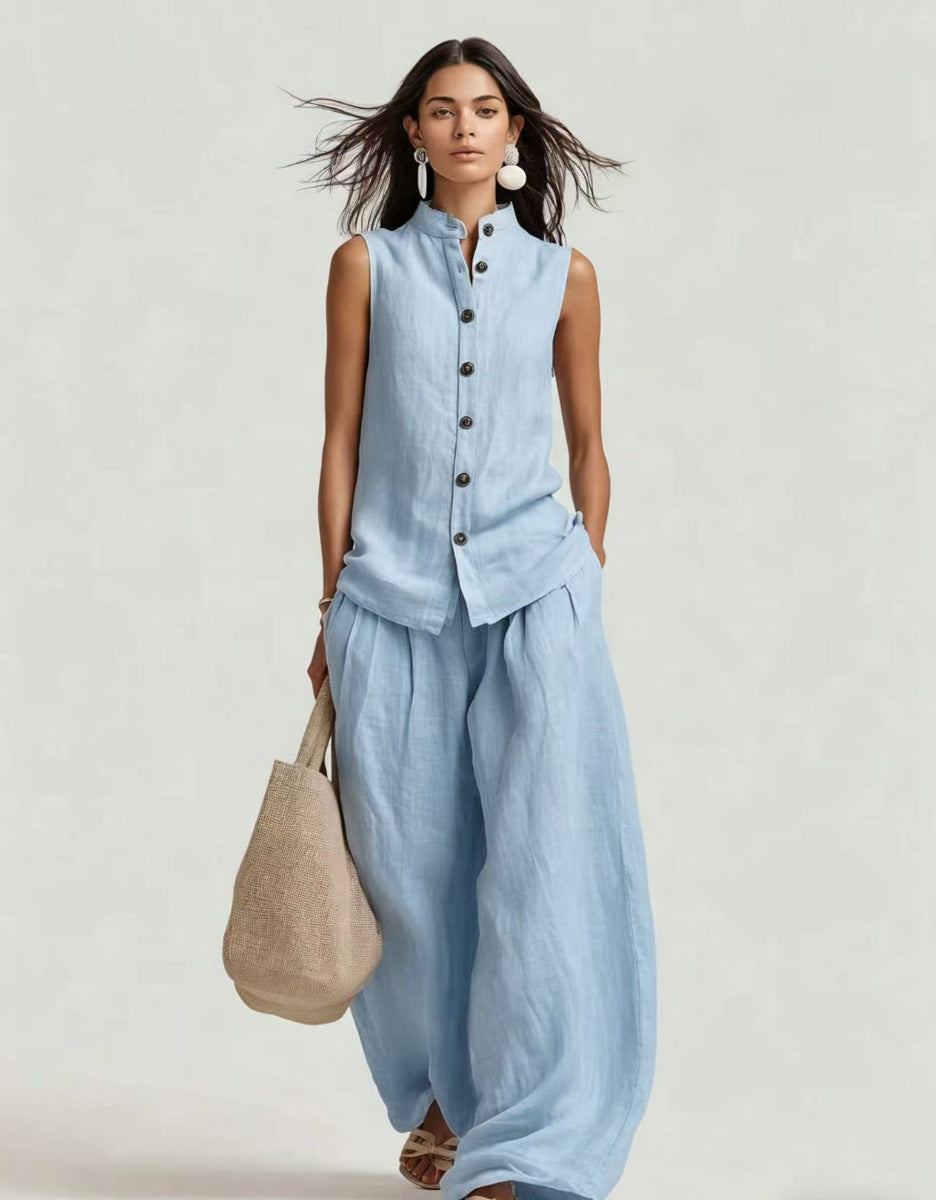 Damen-Set mit stehkragenlosem Oberteil und High-Waist-Hose mit weitem Bein