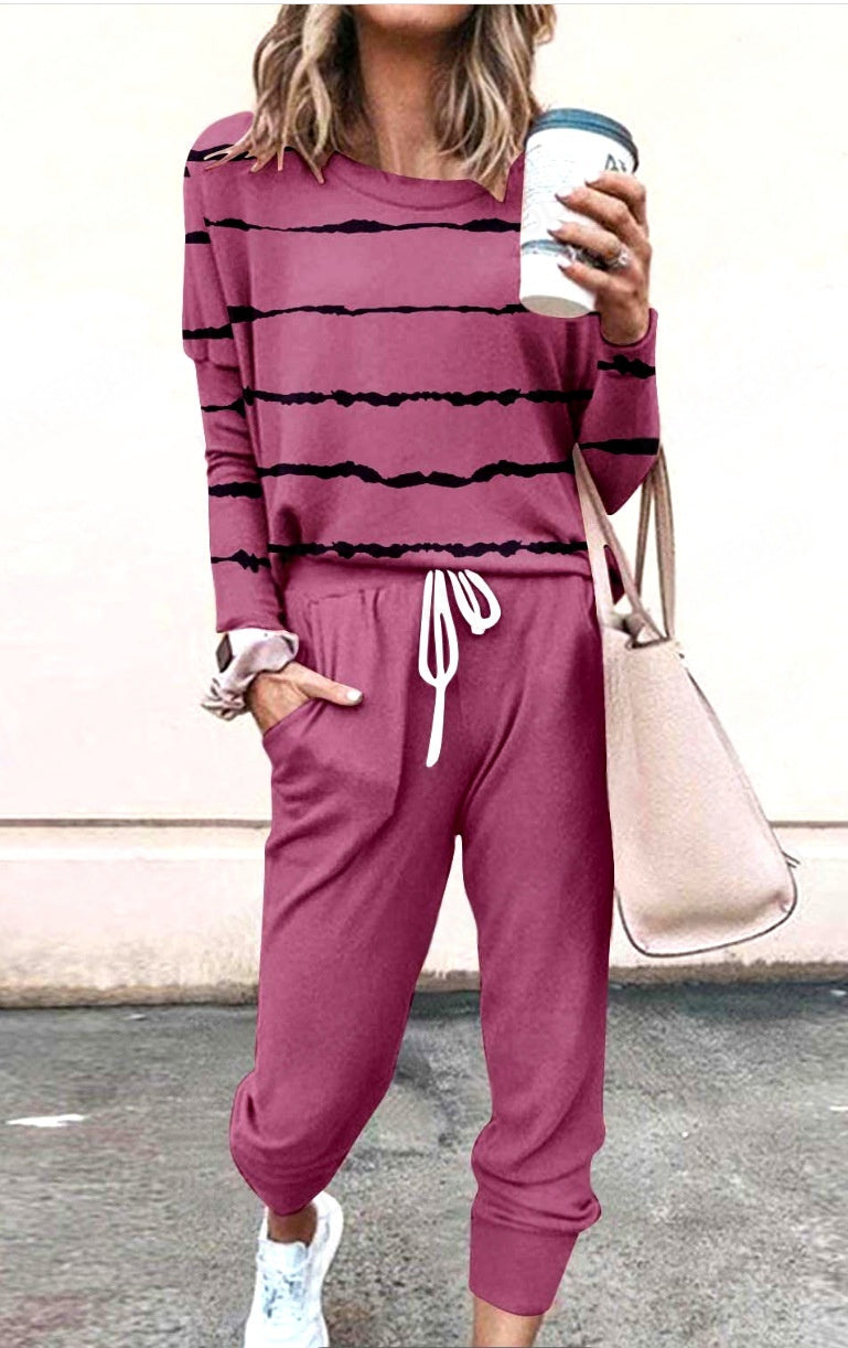 Damen Langarm-T-Shirt & Bleistifthosen-Set – lockere Passform, gestreift und unifarben